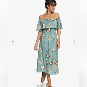 Roxy Floral Off-Shoulder Midi Dress - Teal and Pink